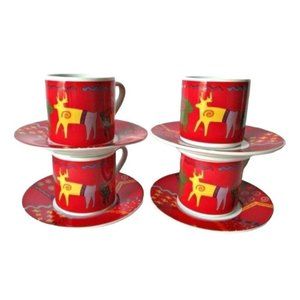 4 Vintage Espresso Coffee Cups Saucers Signature KIVA Pattern Southwest Vibe